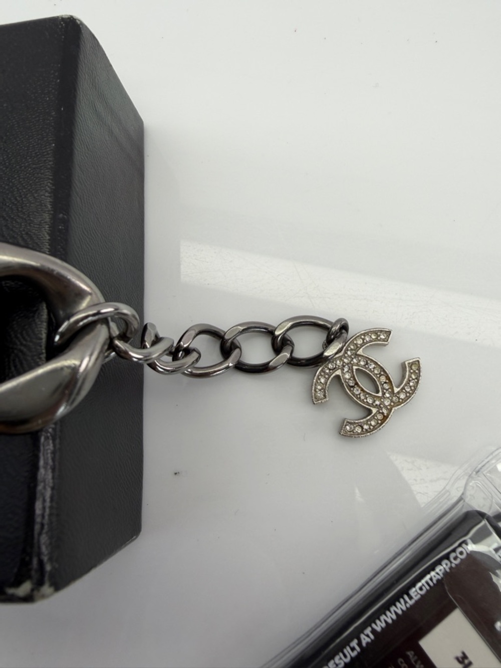 CHANEL Ruthenium Gunmetal and Crystal Art Deco Bracelet with CC Charm - Picture 9 of 14